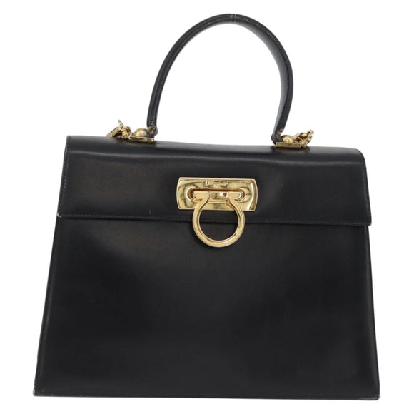 Salvatore Ferragamo Gancini Hand Bag Leather 2way Black Gold Auth ARZ228