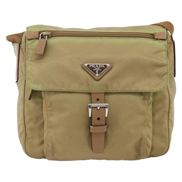 PRADA Shoulder Bag Nylon Beige Silver Auth ARZ282