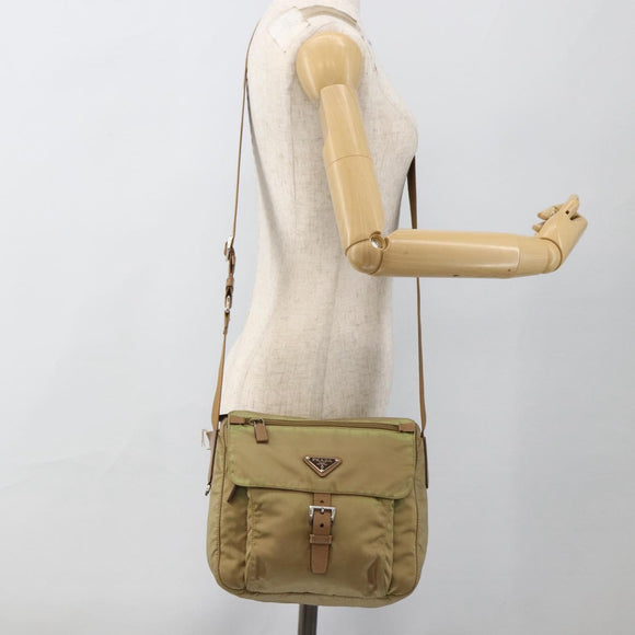 PRADA Shoulder Bag Nylon Beige Silver Auth ARZ282