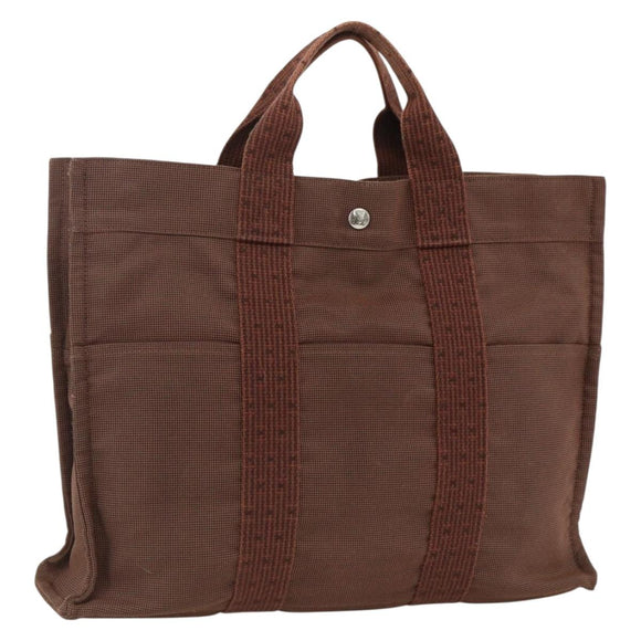 HERMES Her Line MM Hand Bag Canvas Brown Silver Auth ARZ296