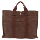 HERMES Her Line MM Hand Bag Canvas Brown Silver Auth ARZ296-2
