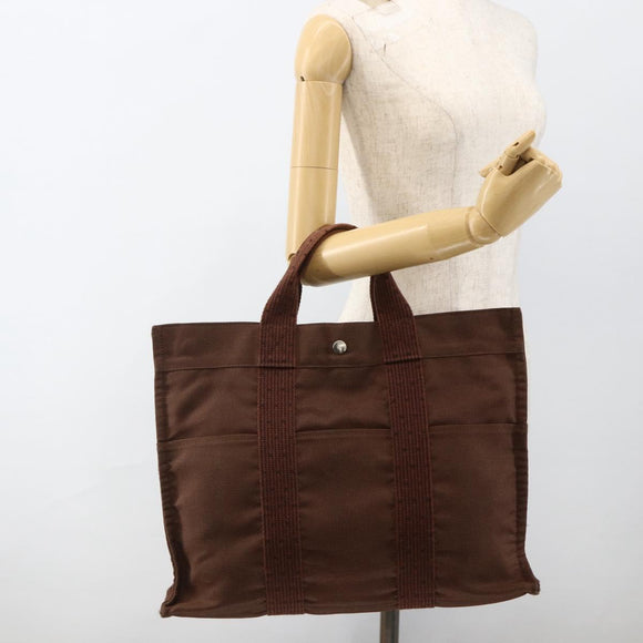 HERMES Her Line MM Hand Bag Canvas Brown Silver Auth ARZ296