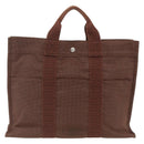 HERMES Her Line MM Hand Bag Canvas Brown Silver Auth ARZ296-3