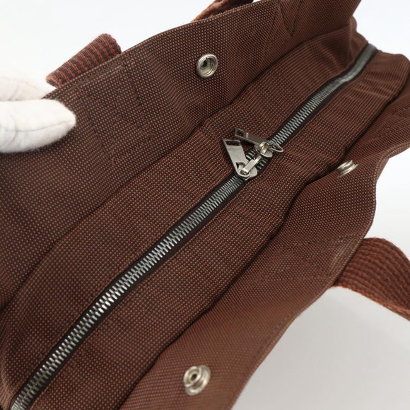 HERMES Her Line MM Hand Bag Canvas Brown Silver Auth ARZ296
