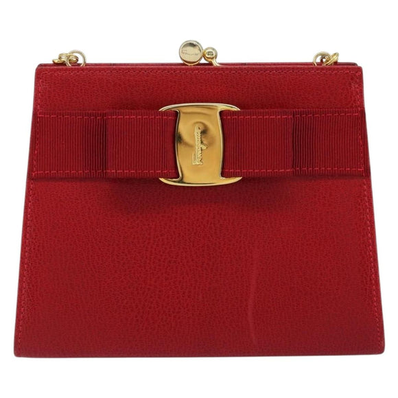 Salvatore Ferragamo Vala Chain Shoulder Bag Leather Red Gold Auth ARZ298