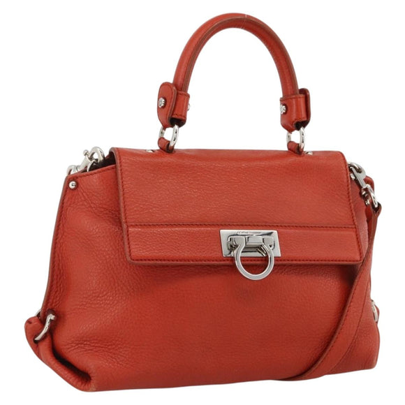 Salvatore Ferragamo Gancini Handtas Leer 2-weg Rood Zilver Auth ARZ300A