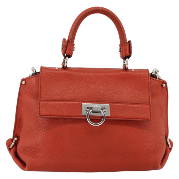 Salvatore Ferragamo Gancini Handtas Leer 2-weg Rood Zilver Auth ARZ300A