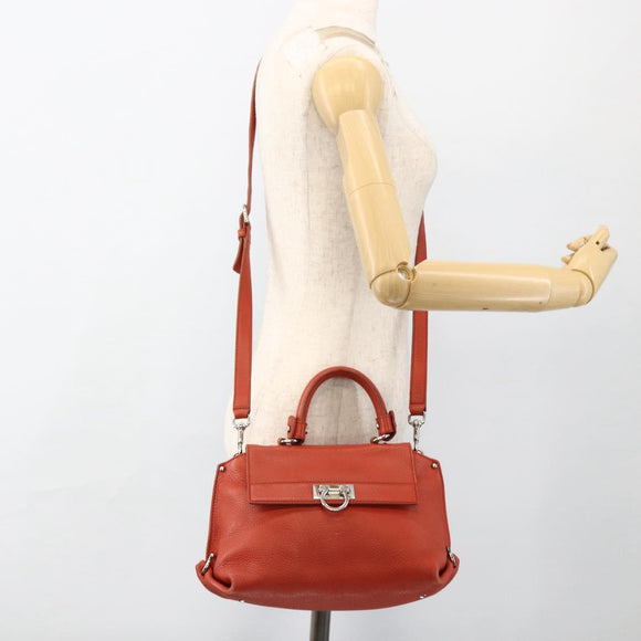 Salvatore Ferragamo Gancini Handtas Leer 2-weg Rood Zilver Auth ARZ300A