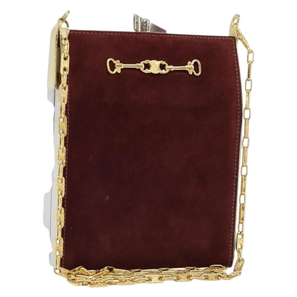CELINE Horsebit Chain Schoudertas Suède Bordeaux Goud Auth ARZ301V