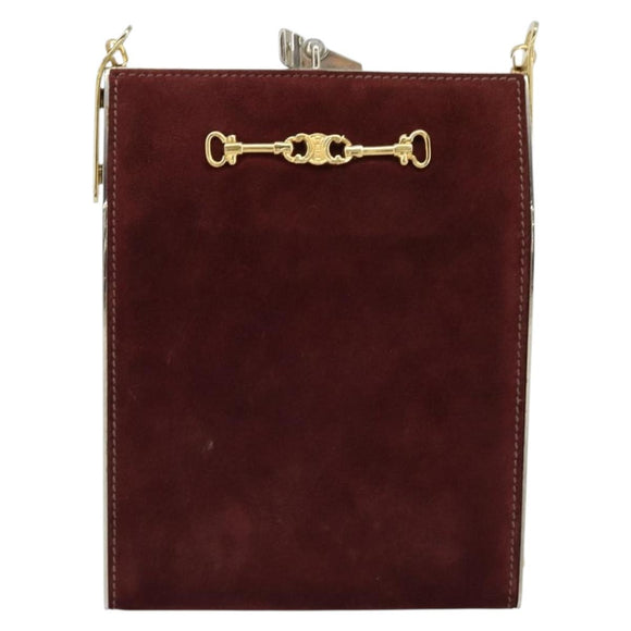 CELINE Horsebit Chain Schoudertas Suède Bordeaux Goud Auth ARZ301V