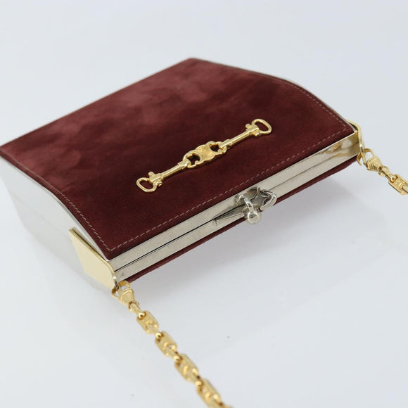 CELINE Horsebit Chain Schoudertas Suède Bordeaux Goud Auth ARZ301V