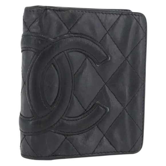 CHANEL Matelasse Cambon Line Wallet Leather Black Silver CC Auth ARZ302