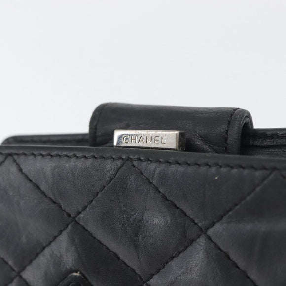 CHANEL Matelasse Cambon Line Wallet Leather Black Silver CC Auth ARZ302
