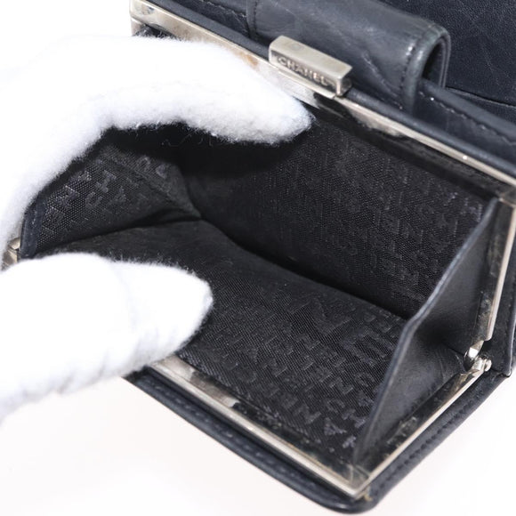 CHANEL Matelasse Cambon Line Wallet Leather Black Silver CC Auth ARZ302