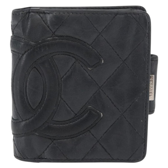 CHANEL Matelasse Cambon Line Wallet Leather Black Silver CC Auth ARZ302