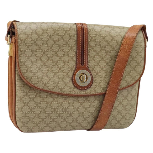 CELINE Macadam Canvas Circle Schoudertas PVC Beige Goud Auth ARZ313