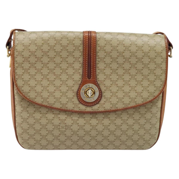 CELINE Macadam Canvas Circle Schoudertas PVC Beige Goud Auth ARZ313