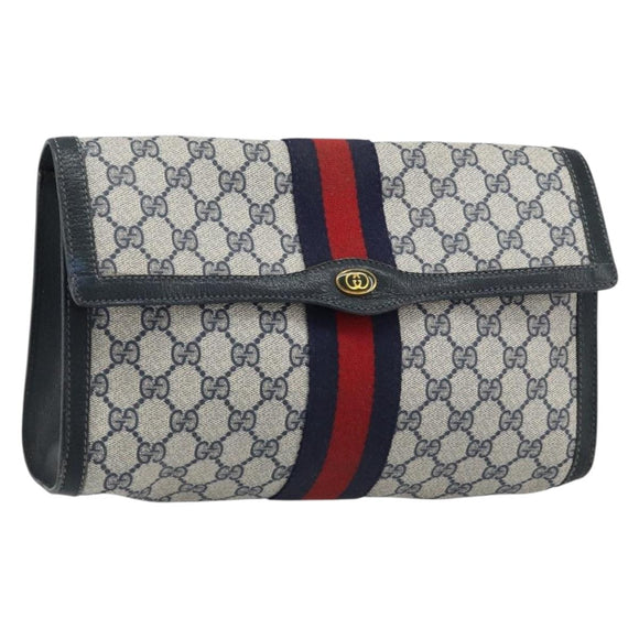 GUCCI GG Supreme Sherry Line Clutch Bag PVC Navy Red 84 01 007 Auth ARZ315