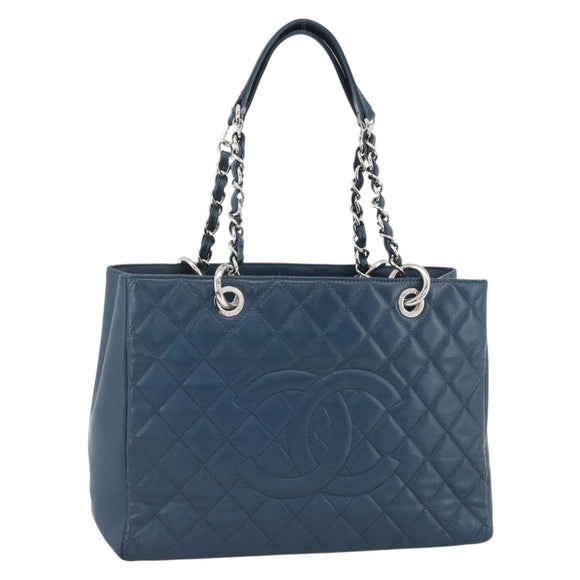 CHANEL Matelasse Chain Shoulder Bag Caviar Skin Blue Silver CC Auth ARZ343SAV