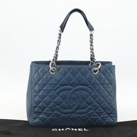 CHANEL Matelasse Chain Shoulder Bag Caviar Skin Blue Silver CC Auth ARZ343SAV