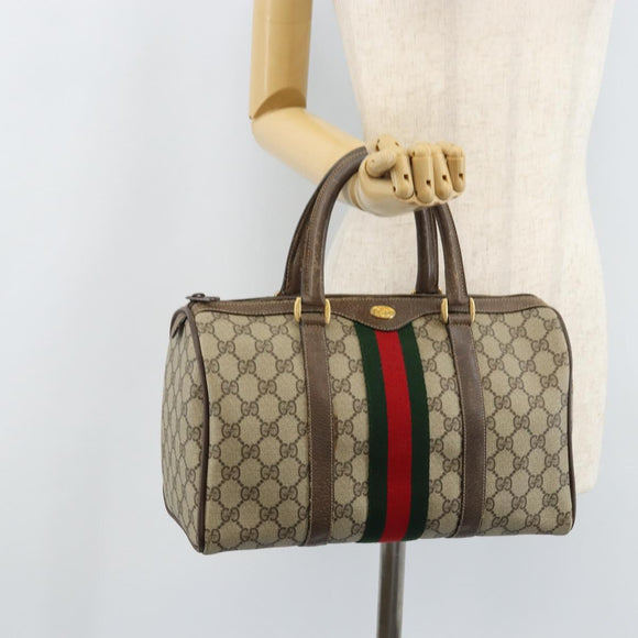 GUCCI GG Supreme Web Sherry Line Boston Bag PVC Beige Gold 58 02 007 Auth ARZ349
