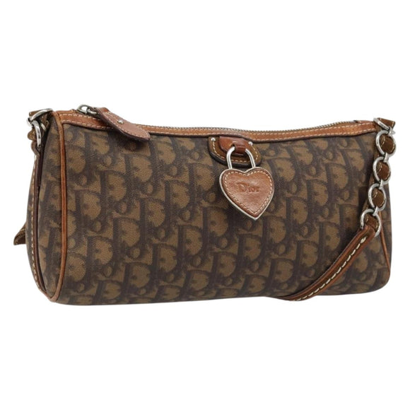 Christian Dior Trotter Canvas Romantic Chain Bag PVC Brown Silver Auth ARZ357