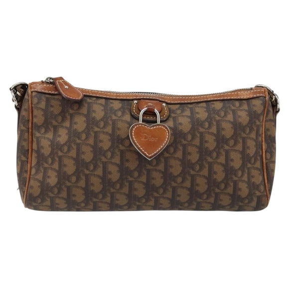 Christian Dior Trotter Canvas Romantic Chain Bag PVC Brown Silver Auth ARZ357