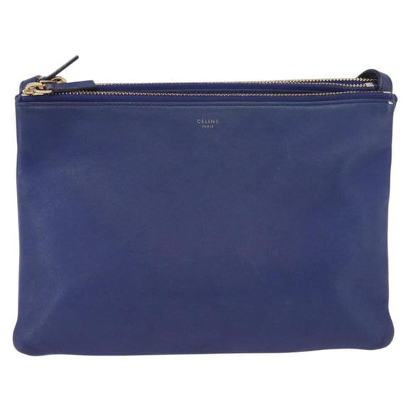 CELINE Trio Shoulder Bag Leather Blue Gold Auth ARZ364
