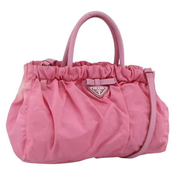 PRADA Ribbon Hand Bag Nylon 2way Pink Silver Auth ARZ368