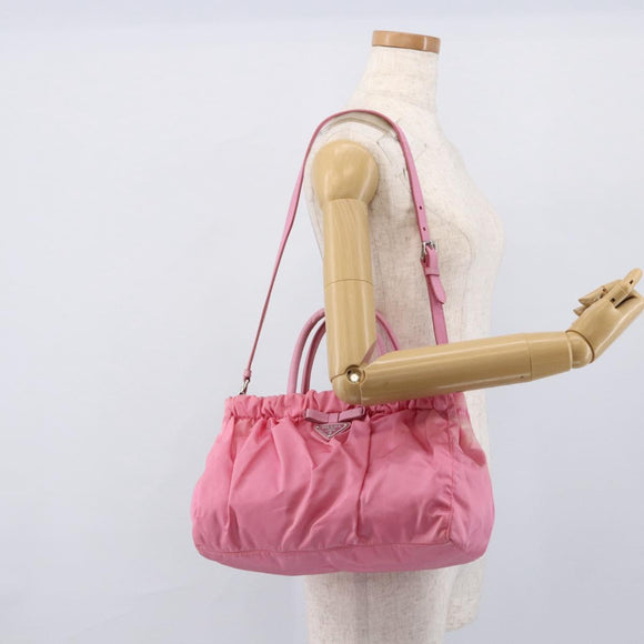 PRADA Ribbon Hand Bag Nylon 2way Pink Silver Auth ARZ368