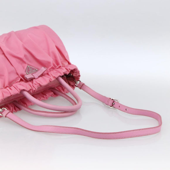 PRADA Ribbon Hand Bag Nylon 2way Pink Silver Auth ARZ368