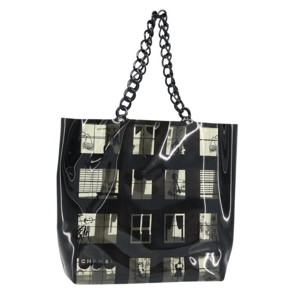 CHANEL Chain Tote Bag Vinyl Black CC Auth ARZ371