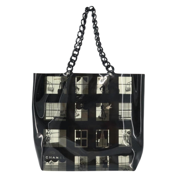 CHANEL Chain Tote Bag Vinyl Black CC Auth ARZ371