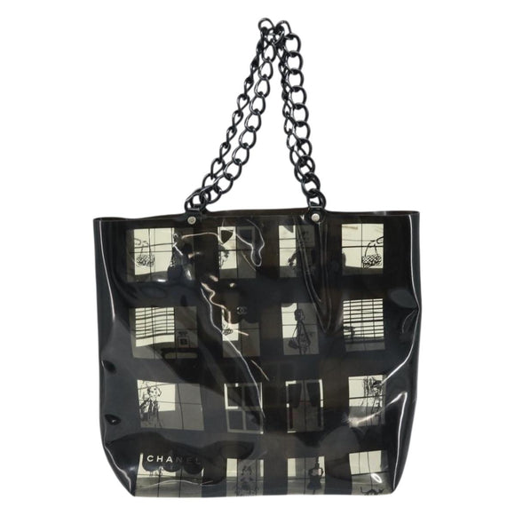 CHANEL Chain Tote Bag Vinyl Black CC Auth ARZ371