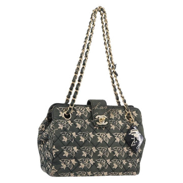 CHANEL Matelasse Chain Shoulder Bag Nylon Green Gold CC Auth ARZ394A