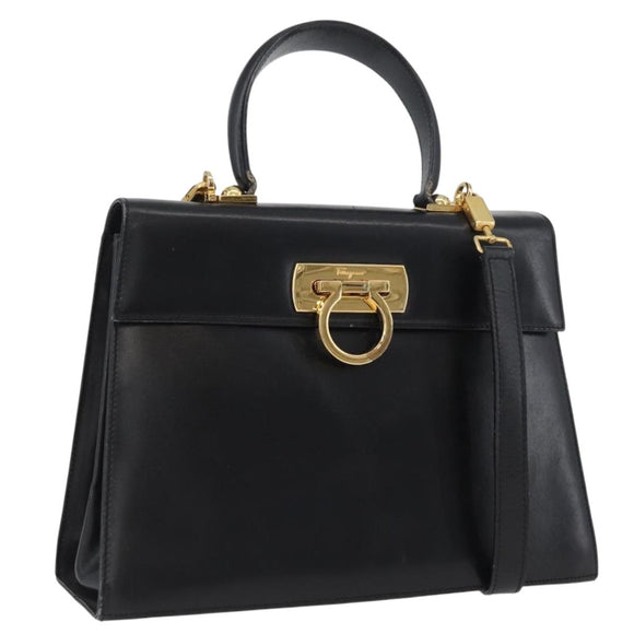 Salvatore Ferragamo Gancini Hand Bag Leather 2way Black Gold Auth ARZ416