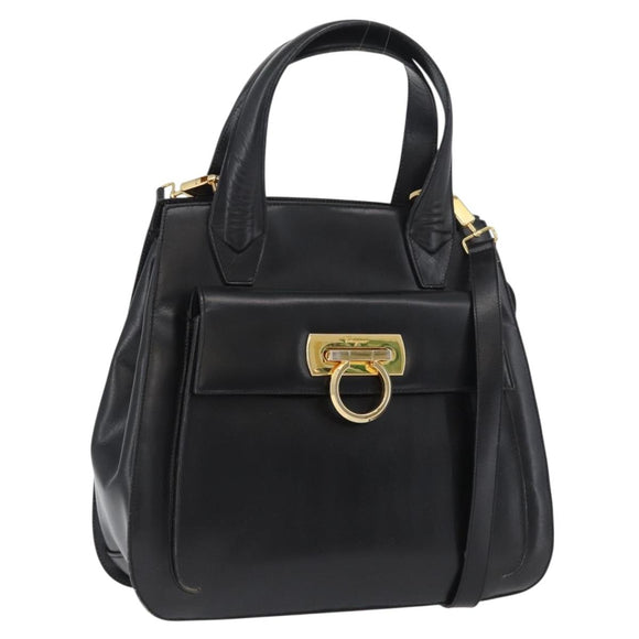 Salvatore Ferragamo Gancini Hand Bag Leather 2way Black Gold Auth ARZ417