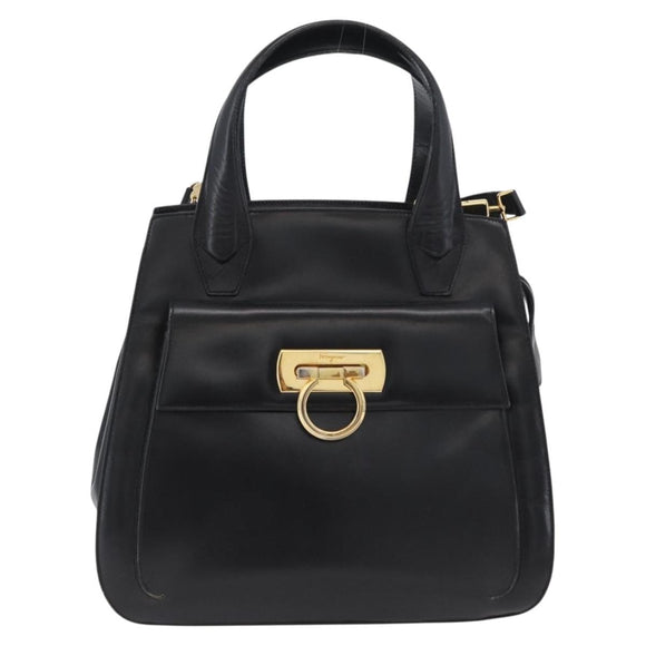 Salvatore Ferragamo Gancini Hand Bag Leather 2way Black Gold Auth ARZ417