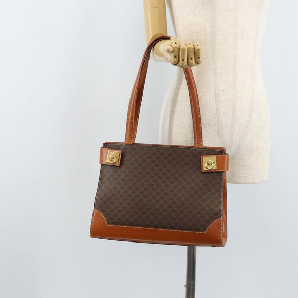 CELINE Macadam Canvas Tote Bag PVC Leather Brown Gold Auth ARZ422
