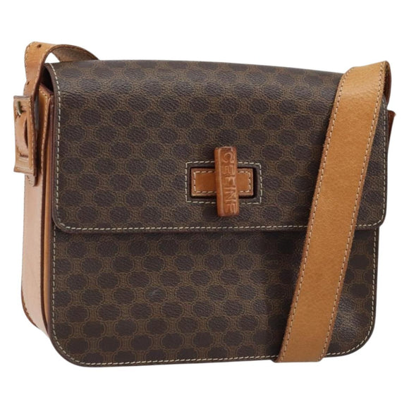 CELINE Macadam Canvas Umhängetasche PVC Leder Braun Gold Auth ARZ423