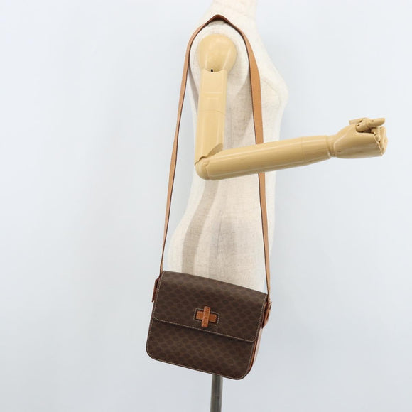 CELINE Macadam Canvas Umhängetasche PVC Leder Braun Gold Auth ARZ423