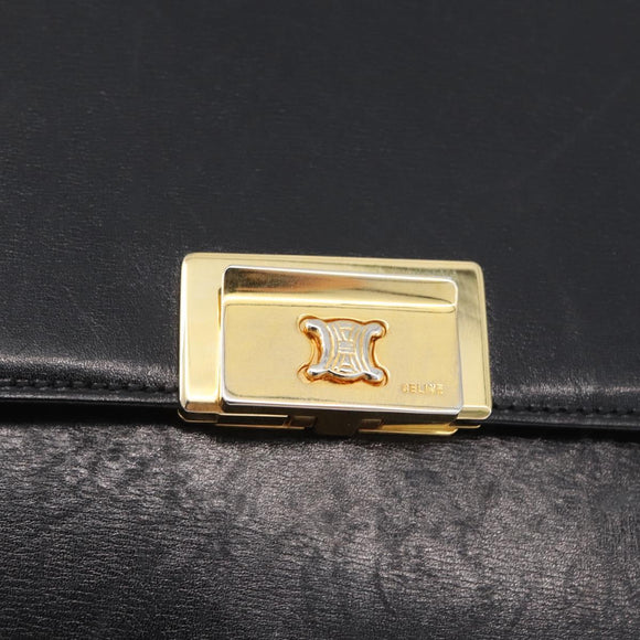 CELINE Hand Bag Leather Black Gold Auth ARZ427
