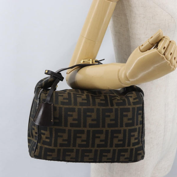 FENDI Zucca Canvas Vanity Hand Bag Black Brown gold Auth ARZ429