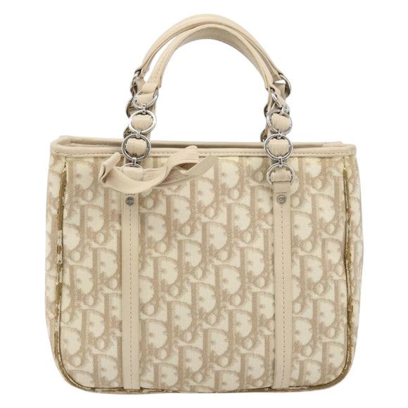 Christian Dior Trotter Canvas Romantic Hand Bag PVC Beige Silver Auth ARZ438