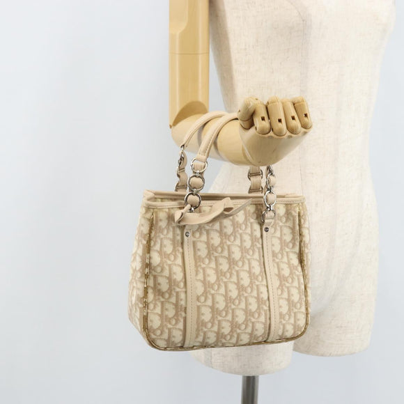 Christian Dior Trotter Canvas Romantic Hand Bag PVC Beige Silver Auth ARZ438