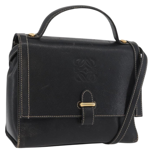 LOEWE Anagram Hand Bag Leather 2way Black Gold Auth ARZ441