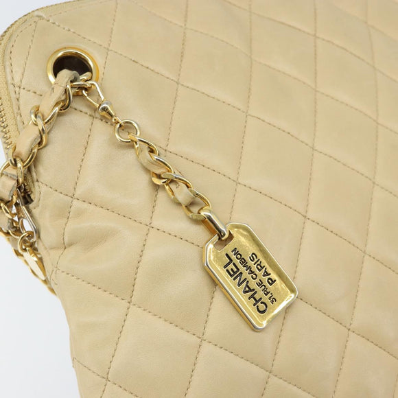 CHANEL Matelasse Chain Shoulder Tote Bag Lamb Skin Beige Gold CC Auth ARZ444