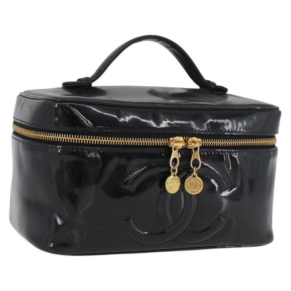 CHANEL COCO Mark Vanity Hand Bag Patent leather 2way Black Gold CC Auth ARZ446