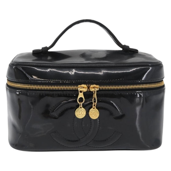CHANEL COCO Mark Vanity Hand Bag Patent leather 2way Black Gold CC Auth ARZ446