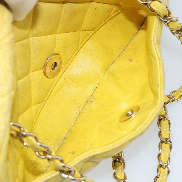 CHANEL Matelasse Chain Shoulder Bag Lamb Skin Yellow Gold CC Auth ARZ447